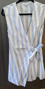 Striped linen faux wrap romper